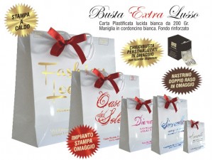BUSTE IN CARTA LUSSO BIANCA PLASTIFICAZIONE LUCIDA EXTRA impianto stampa, chiudibusta e nastrino doppio raso omaggio 